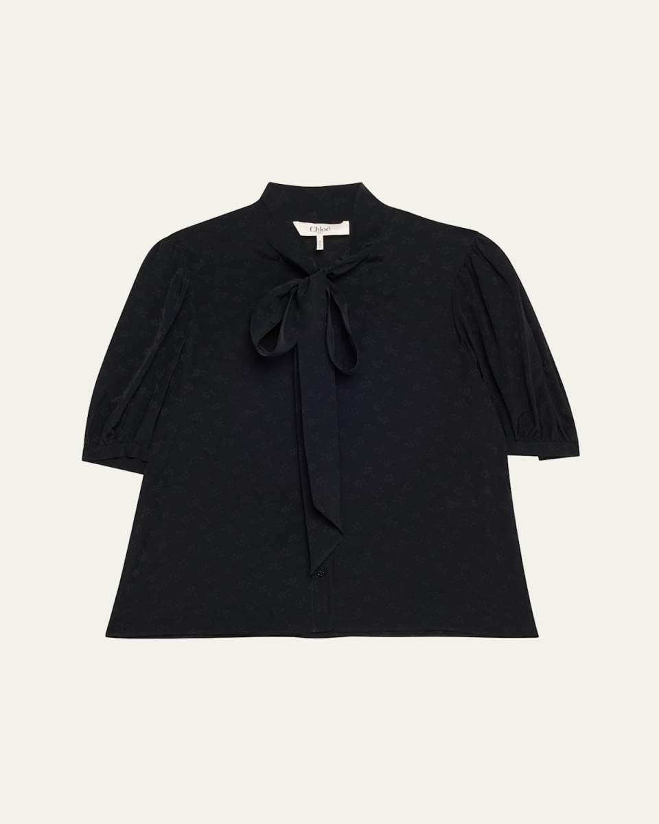 Floral Jacquard Tie-Neck Blouse